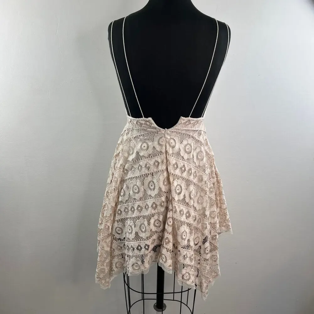 FREE PEOPLE Beige White A-line Dress Floral Just Like Honey Lace Back Zip Size 0 - Picture 6 of 9